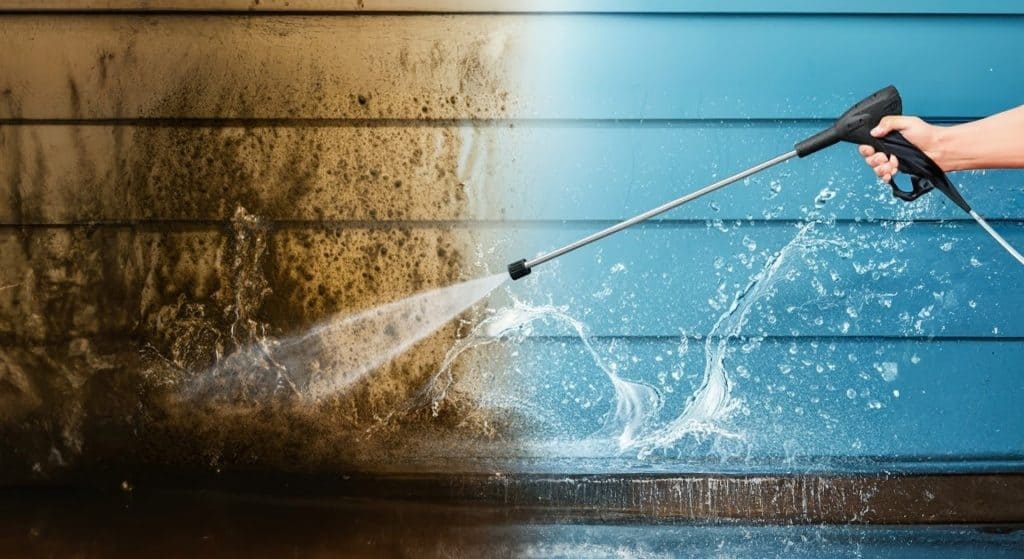 A person expertly uses a pressure washer to clean a dirty exterior wall. The left side remains grimy, while the right side gleams bright blue, showcasing the power washing effectiveness in Kane County, IL.