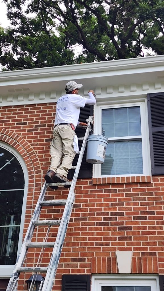 A person stands on a ladder painting the trim of a brick house near a second-story window. Wearing a white shirt and beige pants, they hold a paint bucket hooked to the ladder—capturing a scene of transformation, much like about Metanoia.